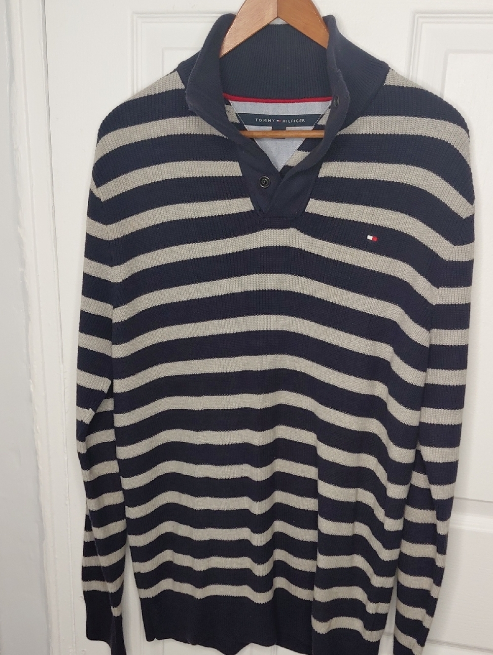 Tommy Hilfiger Navy and Cream Striped V-Neck Sweater
